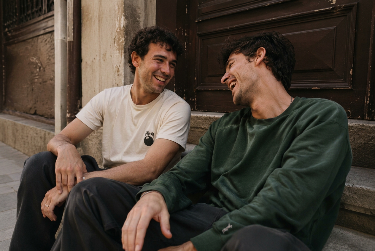 Two mates laughing on the steps
