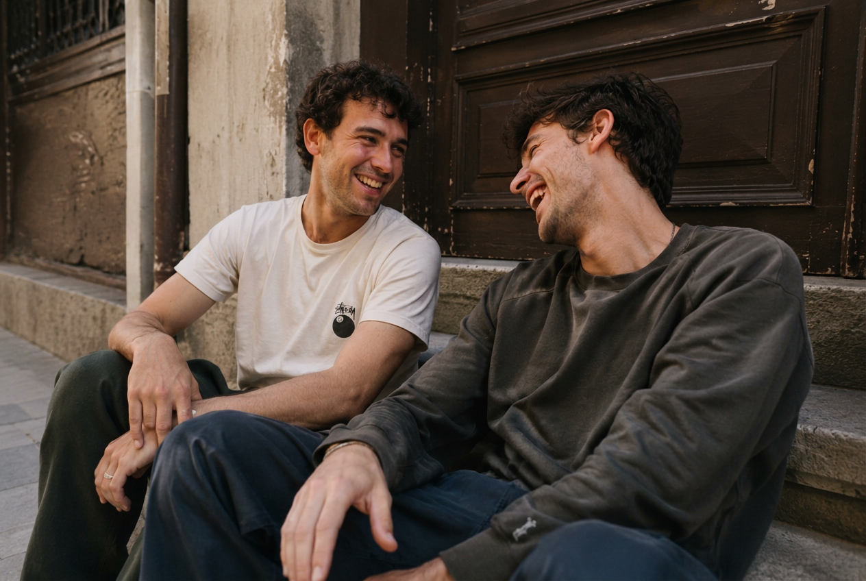 Two mates having a real conversation on the steps