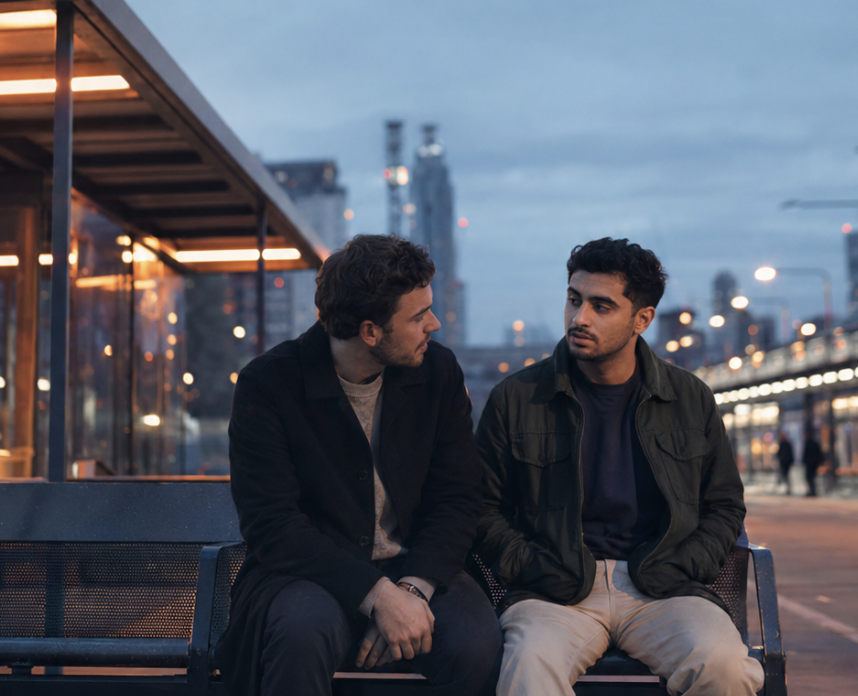 Two mates sitting on a wall, talking