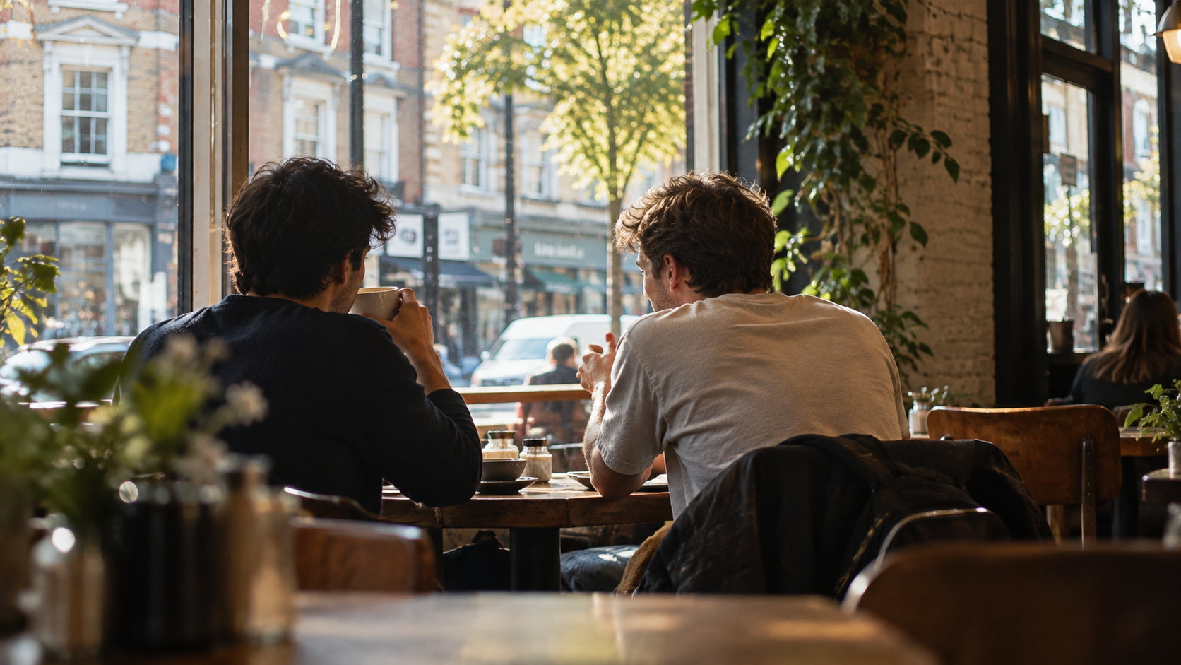 Two mates catching up over coffee