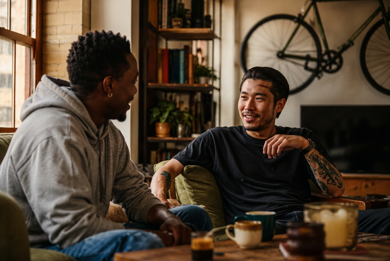 Two mates talking in a living room