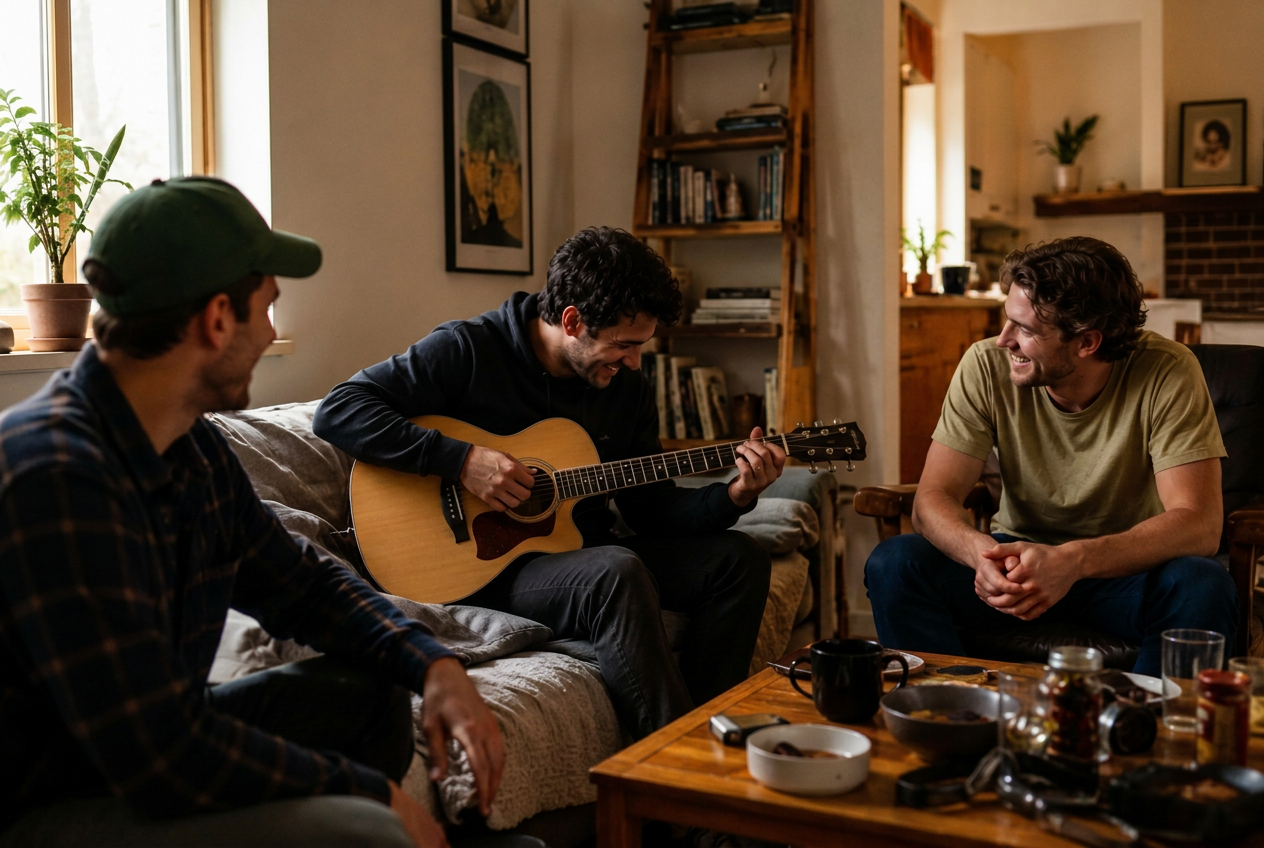 Mates playing guitar in a living room