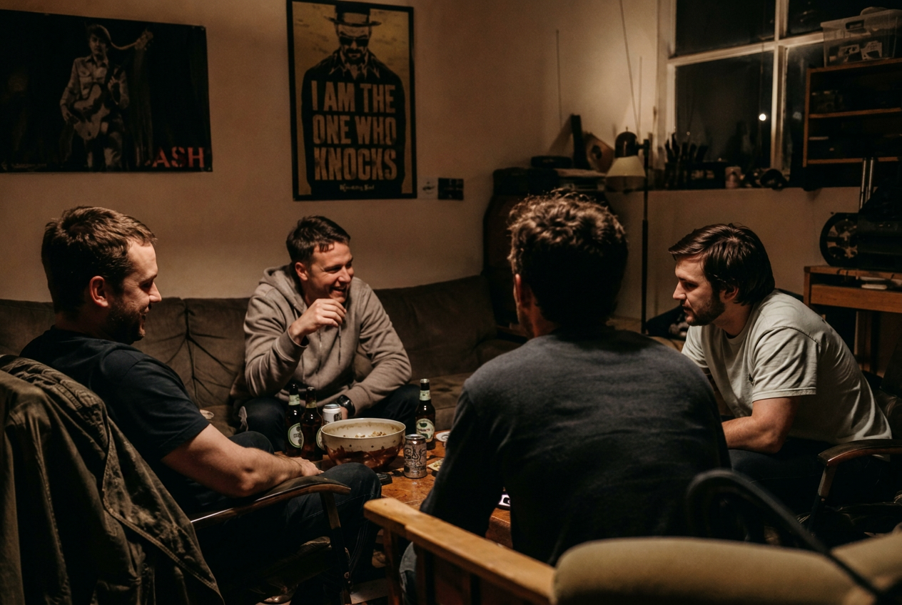 A group of mates in conversation late at night