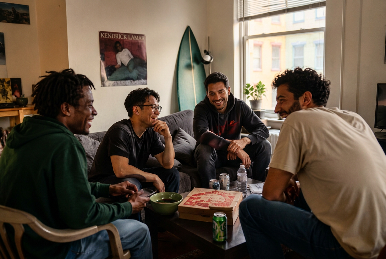 Four mates laughing together over pizza