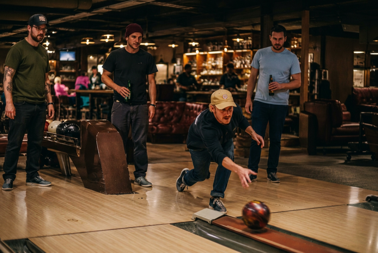 Mates bowling together at a bar