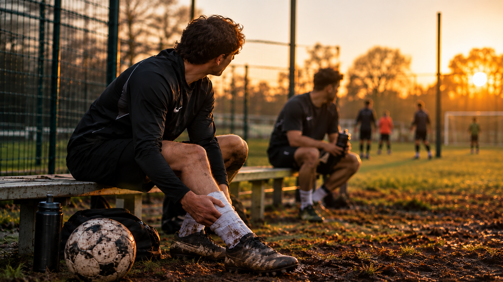 Two mates taking a break on the football sidelines