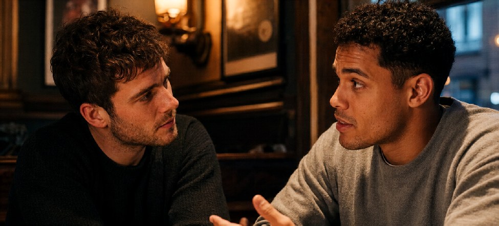 Two mates talking together at the pub