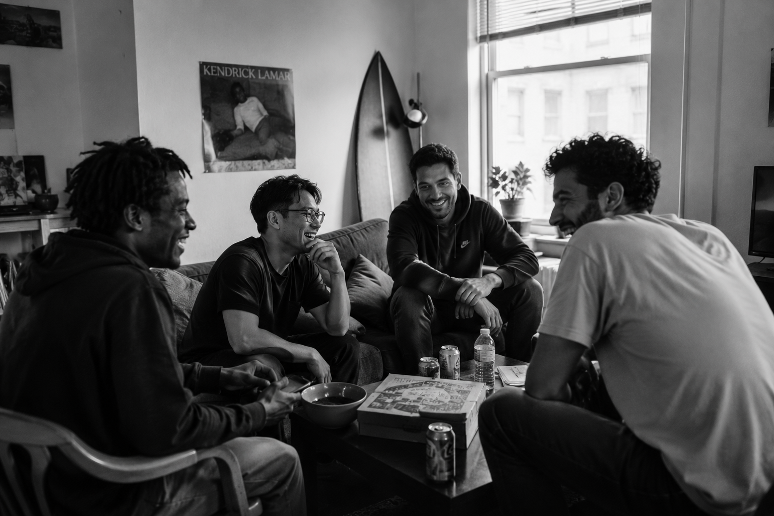 Mates sharing pizza and laughing