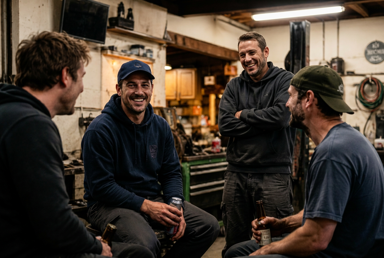 Mates laughing together in a workshop