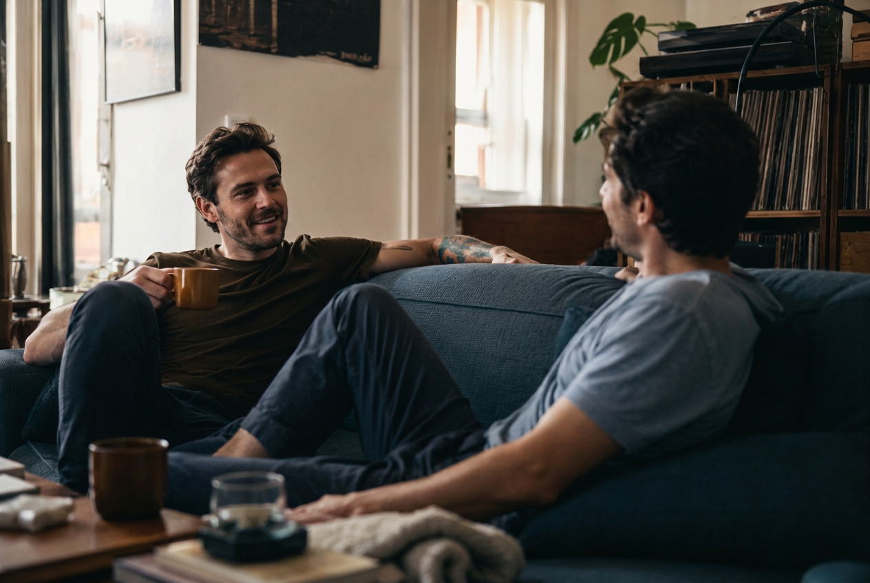 Two mates sitting on a sofa together with coffee
