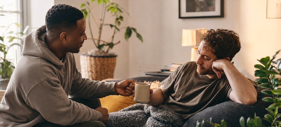 Two mates catching up on a sofa over a drink