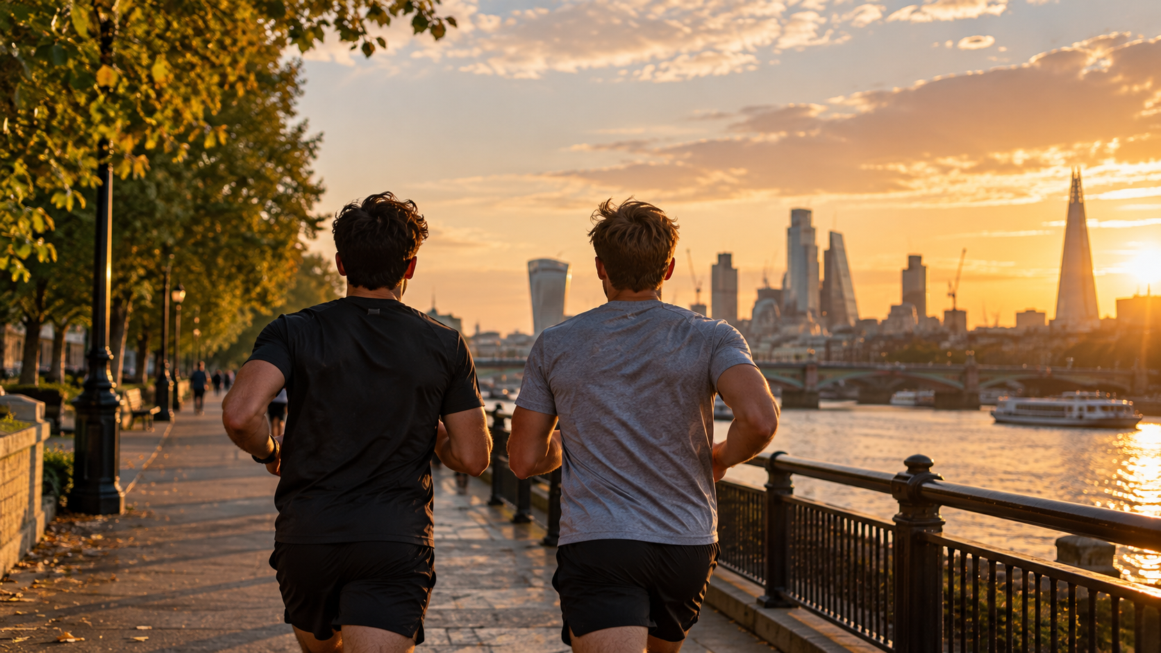 Two mates running together beside the Thames at sunset
