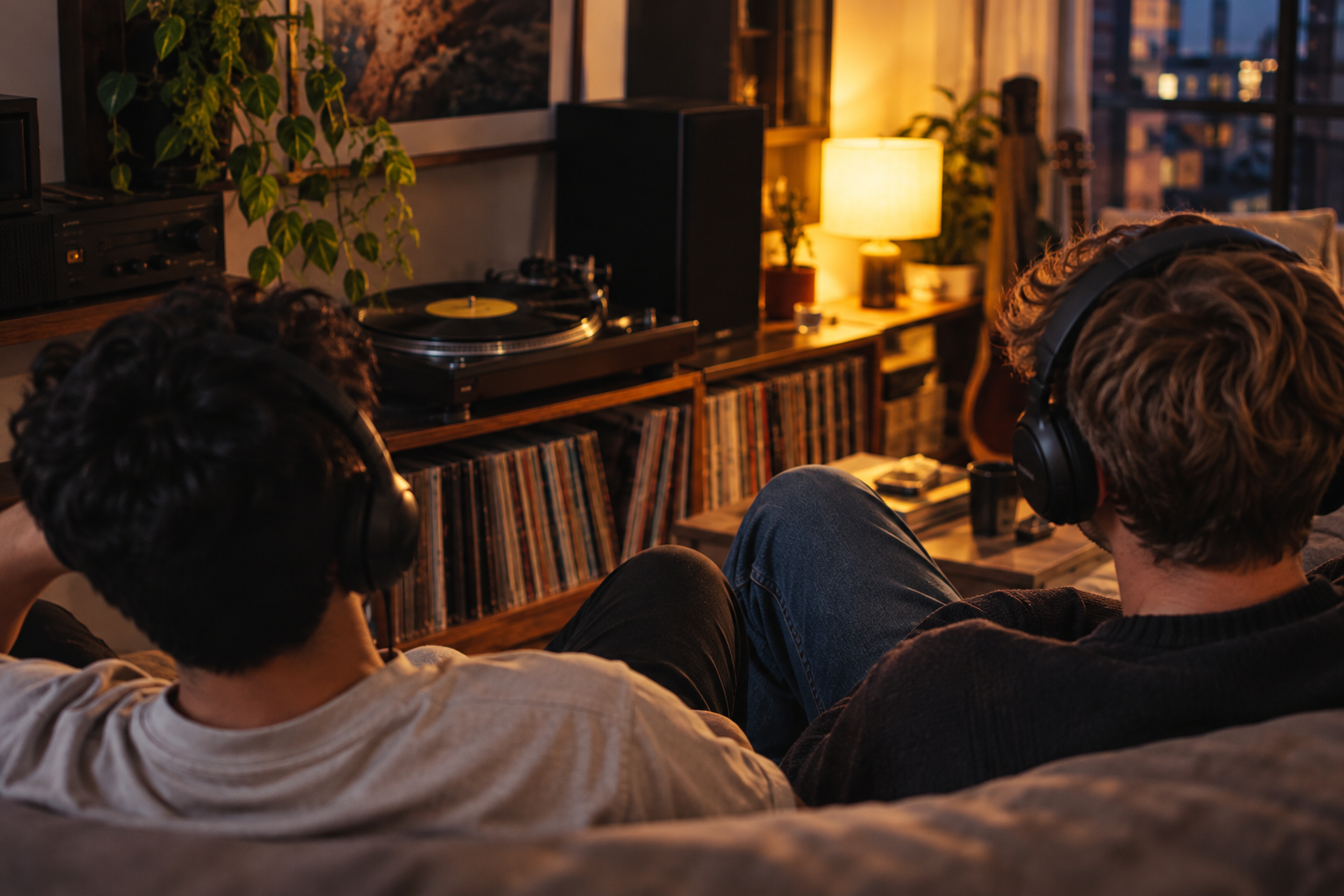 Two mates listening to records together
