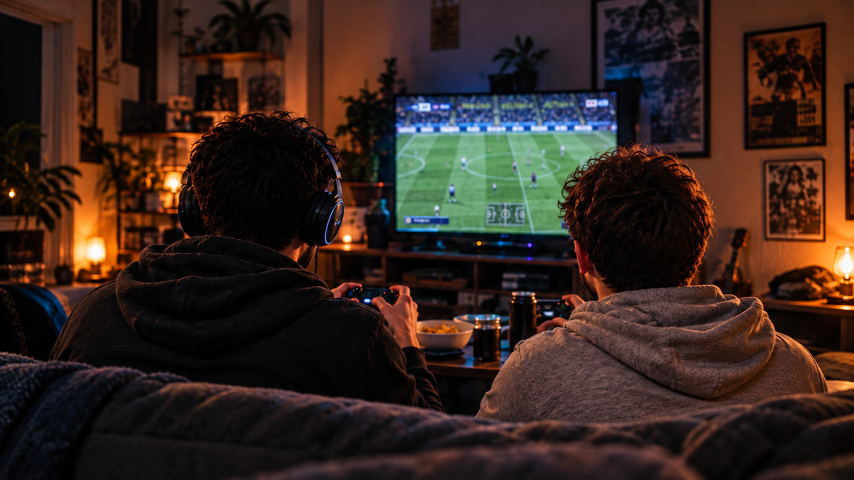 Two mates playing a football video game together