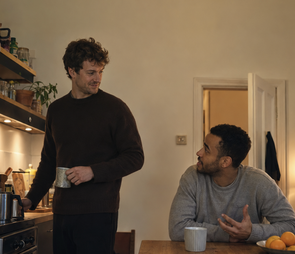 Mates laughing on a sofa